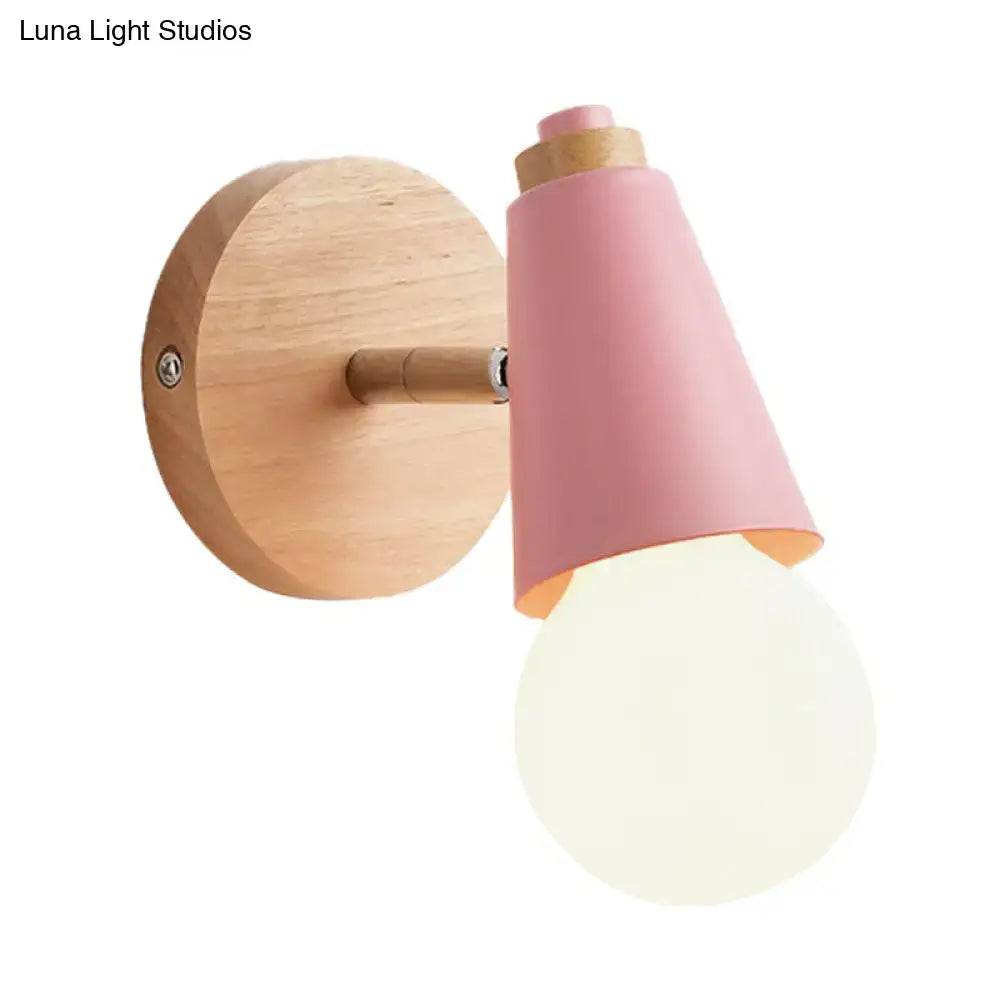 Macaron loft sweet cone pink wall sconce with pink conical metal wood lampshade and frosted glass bulb on wood base