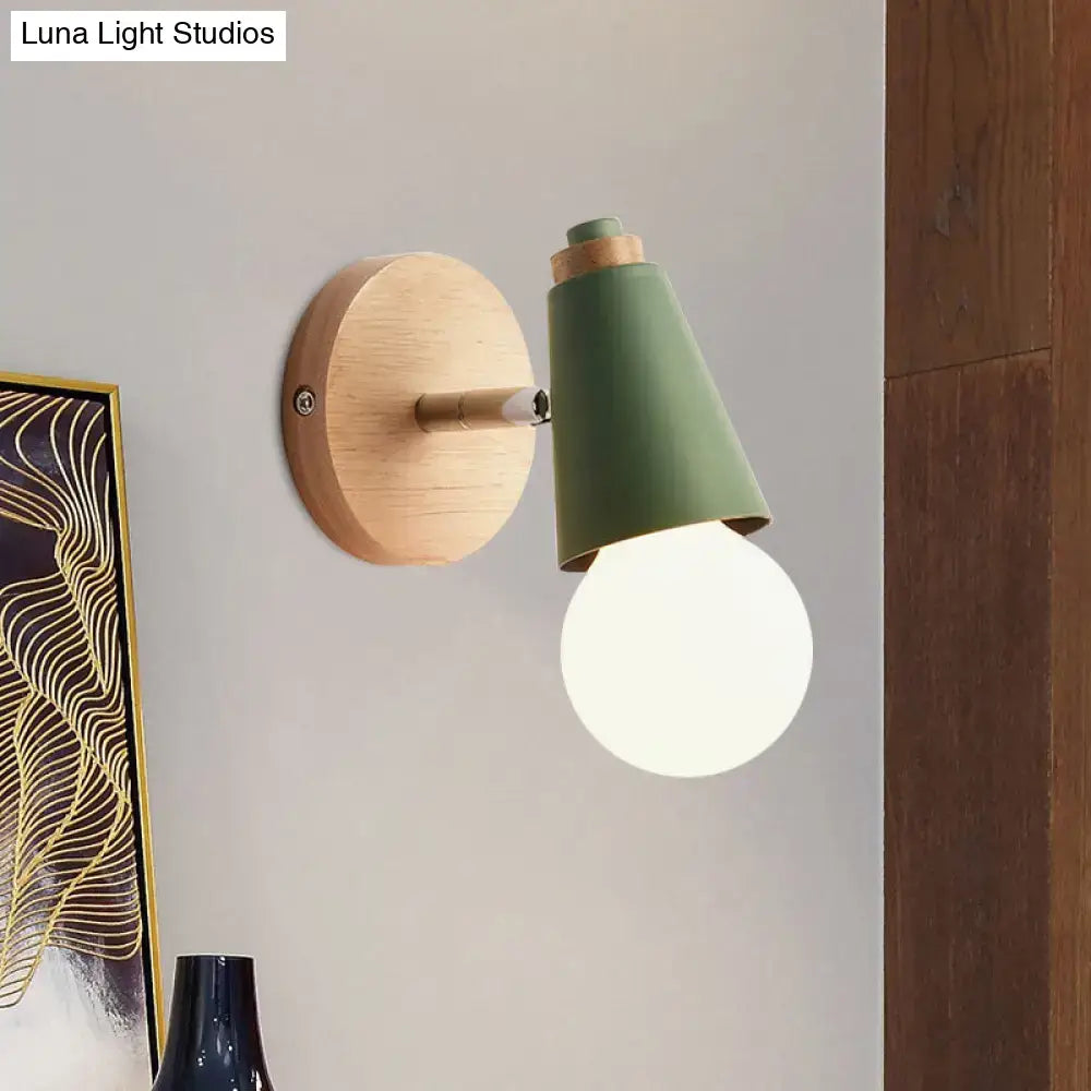 A macaron loft sweet cone pink wall sconce with metal wood base, sage green shade, and exposed frosted bulb for corridors
