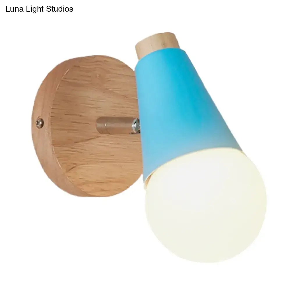 Macaron loft sweet cone blue conical corridor light with frosted glass bulb and wood base metal wood accents
