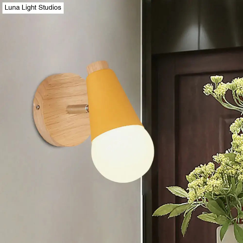 Warm yellow and white macaron loft sweet cone wall sconce with metal wood base for corridor lighting
