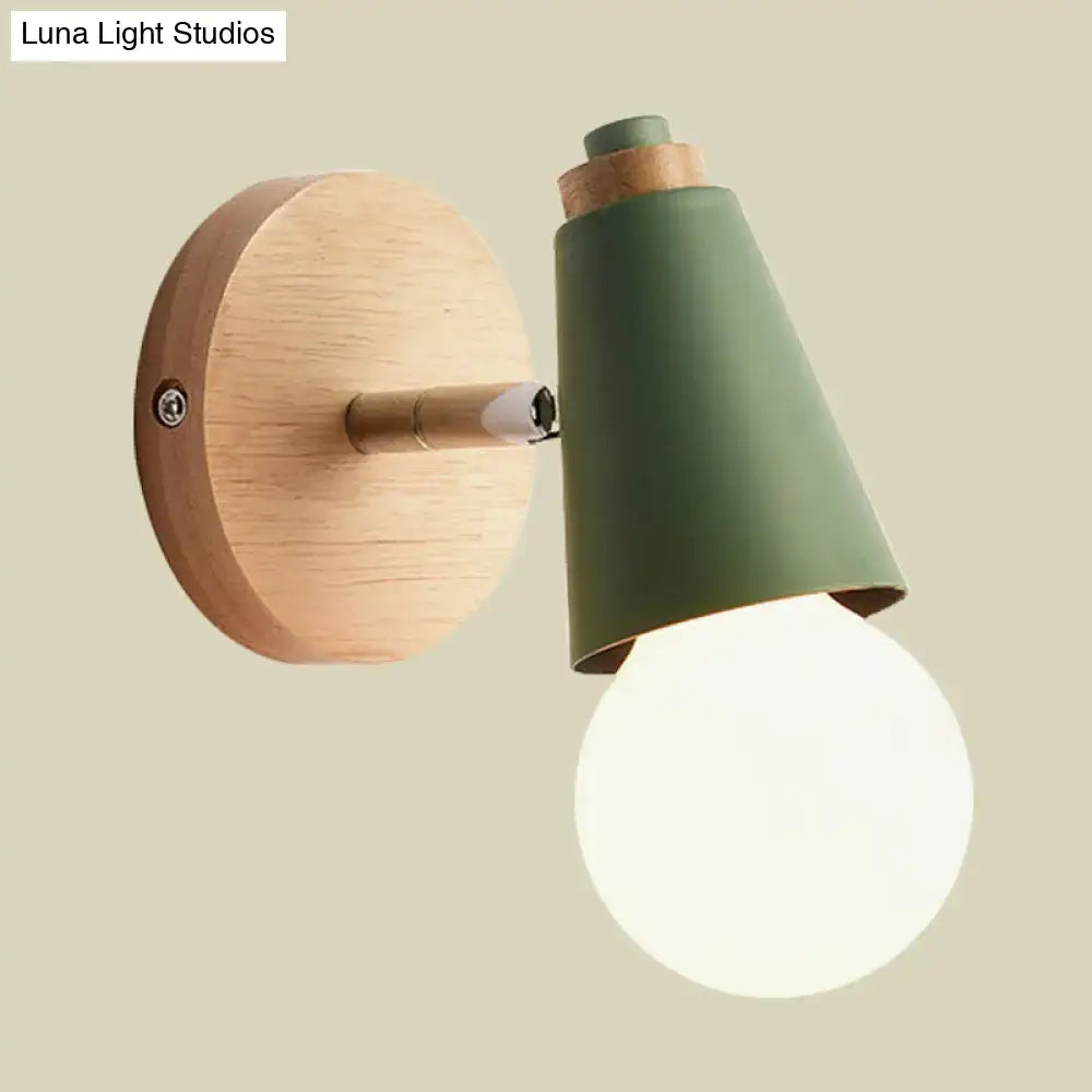 Macaron loft sweet cone pink wall sconce with metal wood base natural wood and sage green shade for corridor lighting