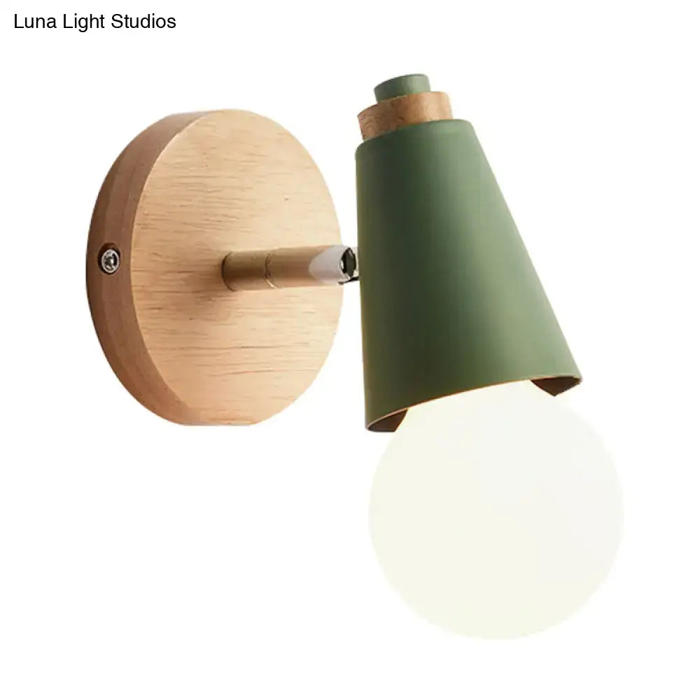 Macaron loft sweet conical metal wood wall sconce in olive green with wooden base and exposed bulb for corridor lighting
