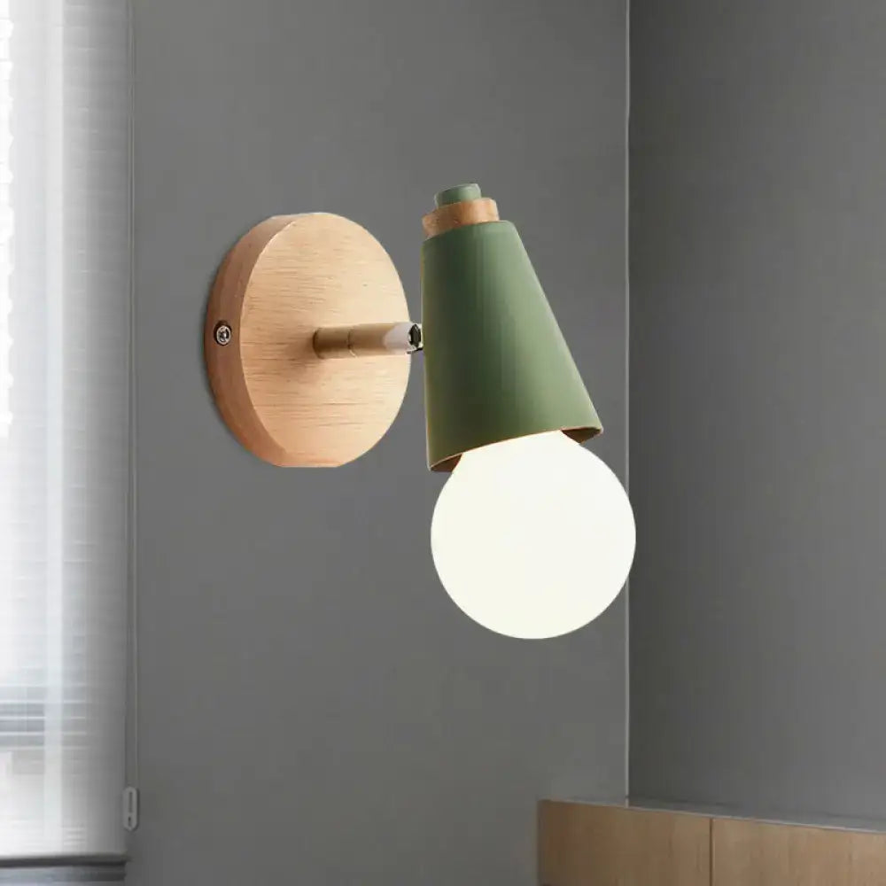 Minimalist macaron loft sweet cone wall sconce with matte sage green shade, natural wood base, and frosted glass bulb