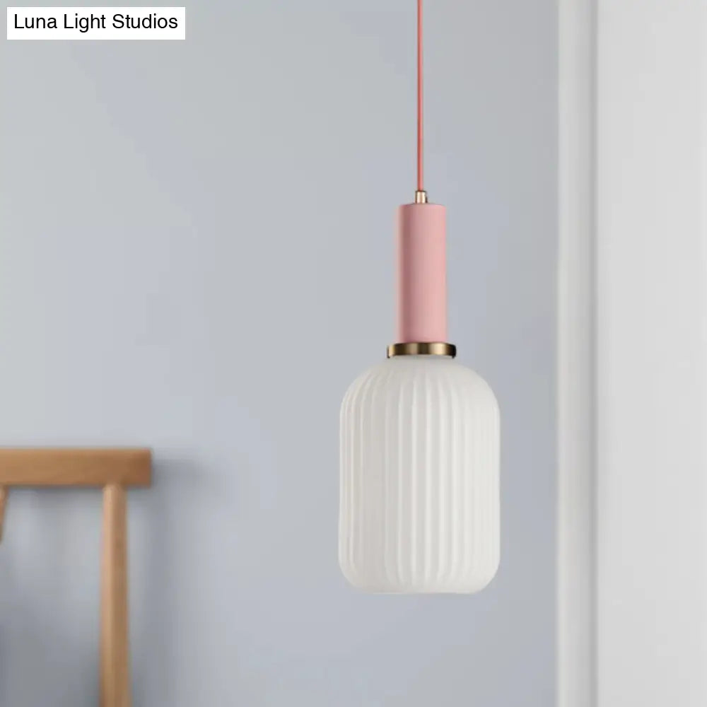 Macaron Pendant Light: Black/Pink/Blue, Cylinder/Oval/Drum White Glass Shade, 5"/8"/12" Wide