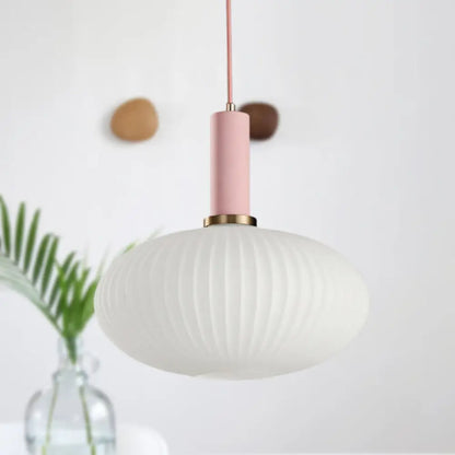 Macaron Pendant Light: Black/Pink/Blue, Cylinder/Oval/Drum White Glass Shade, 5"/8"/12" Wide