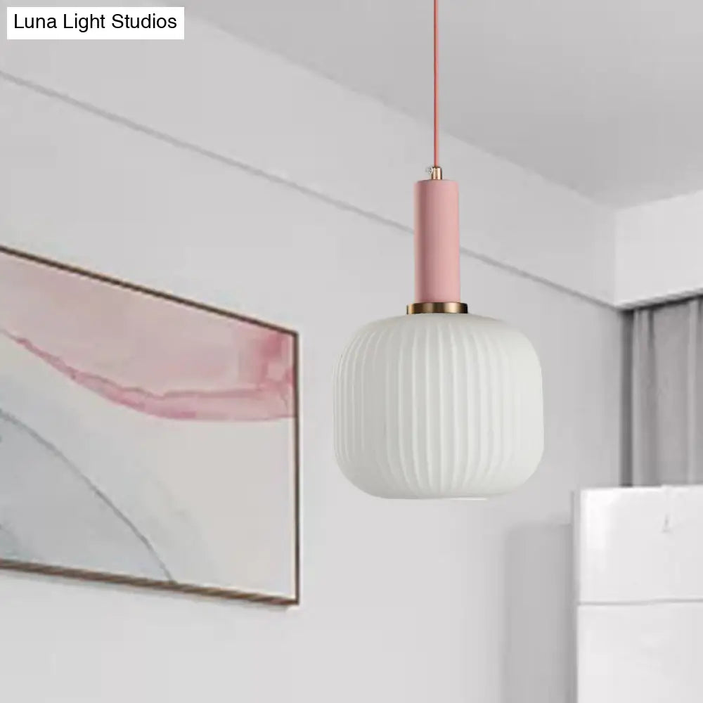 Macaron Pendant Light: Black/Pink/Blue, Cylinder/Oval/Drum White Glass Shade, 5"/8"/12" Wide