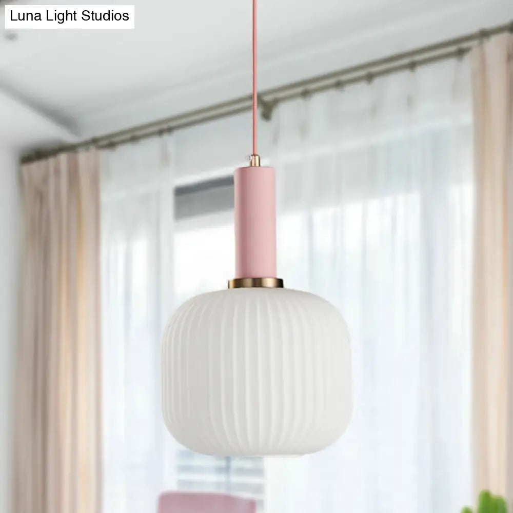 Macaron Pendant Light: Black/Pink/Blue, Cylinder/Oval/Drum White Glass Shade, 5"/8"/12" Wide