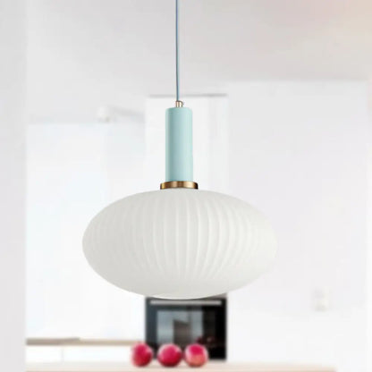 Macaron Pendant Light: Black/Pink/Blue, Cylinder/Oval/Drum White Glass Shade, 5"/8"/12" Wide