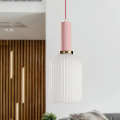 Macaron Pendant Light: Black/Pink/Blue, Cylinder/Oval/Drum White Glass Shade, 5"/8"/12" Wide