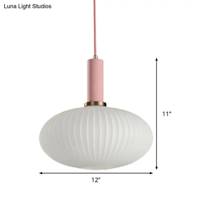 Macaron Pendant Light: Black/Pink/Blue, Cylinder/Oval/Drum White Glass Shade, 5"/8"/12" Wide