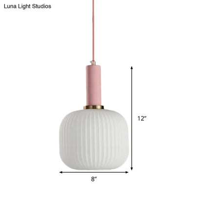 Macaron Pendant Light: Black/Pink/Blue, Cylinder/Oval/Drum White Glass Shade, 5"/8"/12" Wide