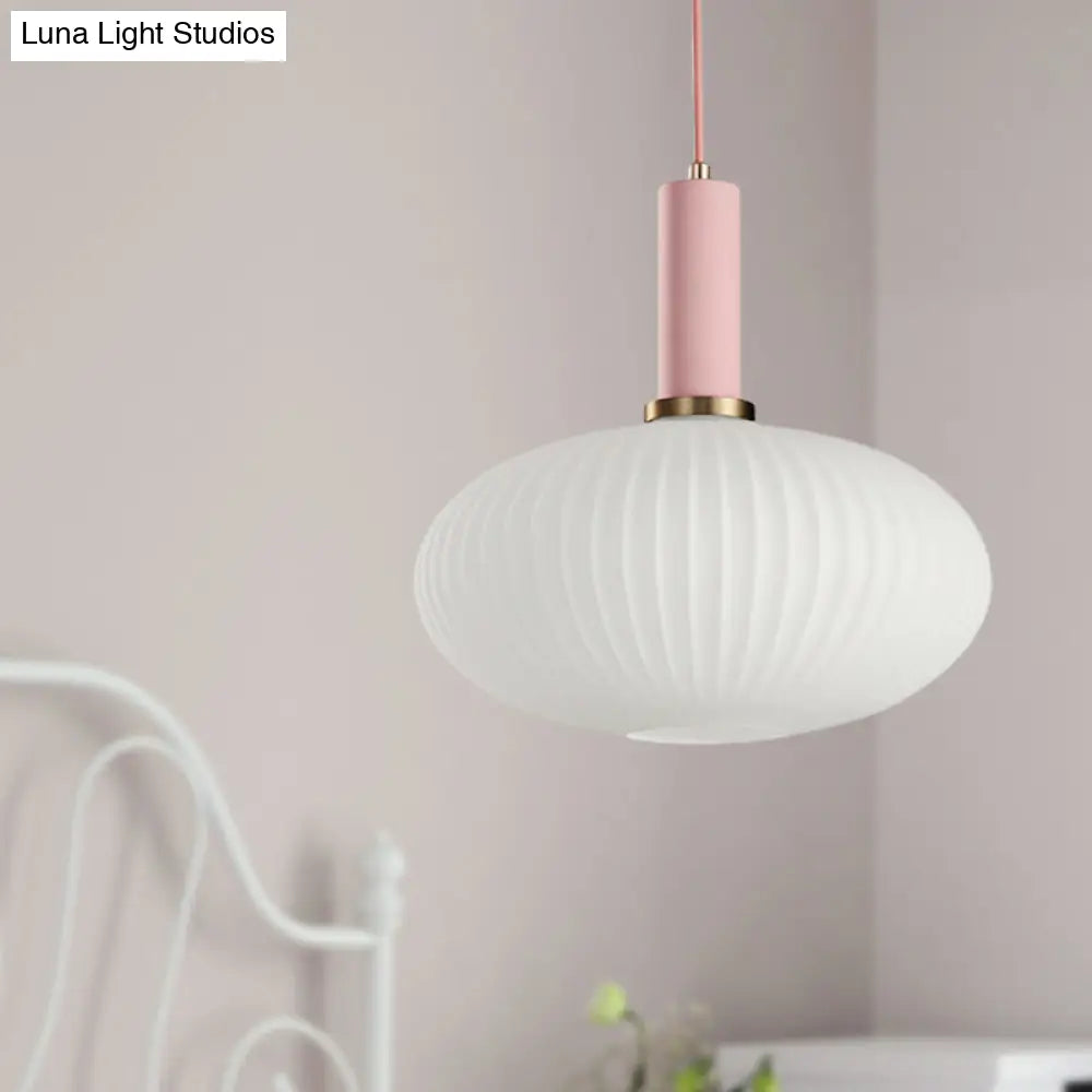 Macaron Pendant Light: Black/Pink/Blue, Cylinder/Oval/Drum White Glass Shade, 5"/8"/12" Wide