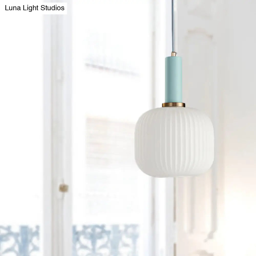 Macaron Pendant Light: Black/Pink/Blue, Cylinder/Oval/Drum White Glass Shade, 5"/8"/12" Wide