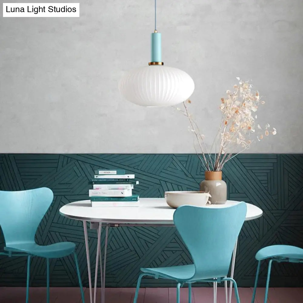 Macaron Pendant Light: Black/Pink/Blue, Cylinder/Oval/Drum White Glass Shade, 5"/8"/12" Wide