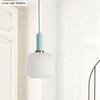 Macaron Pendant Light: Black/Pink/Blue, Cylinder/Oval/Drum White Glass Shade, 5"/8"/12" Wide