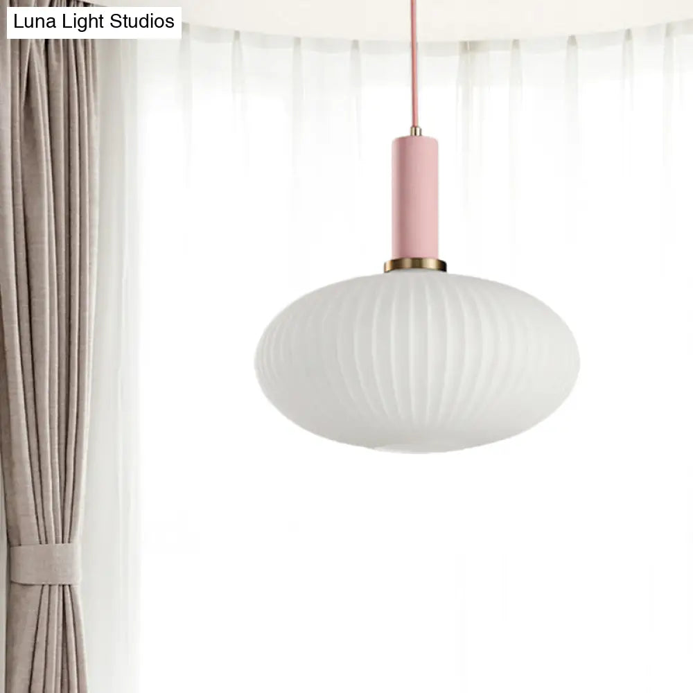 Macaron Pendant Light: Black/Pink/Blue, Cylinder/Oval/Drum White Glass Shade, 5"/8"/12" Wide