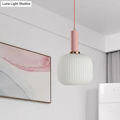 Macaron Pendant Light: Black/Pink/Blue, Cylinder/Oval/Drum White Glass Shade, 5"/8"/12" Wide