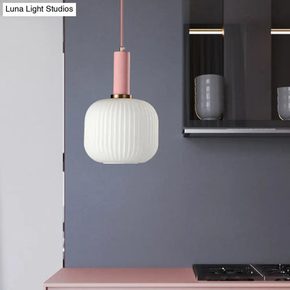 Macaron Pendant Light: Black/Pink/Blue, Cylinder/Oval/Drum White Glass Shade, 5"/8"/12" Wide