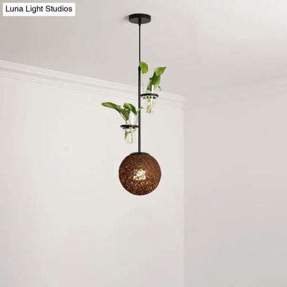 Macaron Rattan Globe Pendant Light with Plant Pot - Beige/Red/Pink