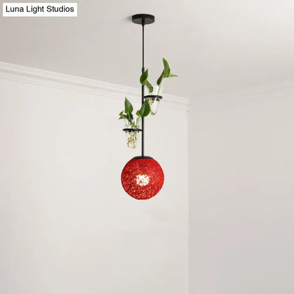 Macaron Rattan Globe Pendant Light with Plant Pot - Beige/Red/Pink