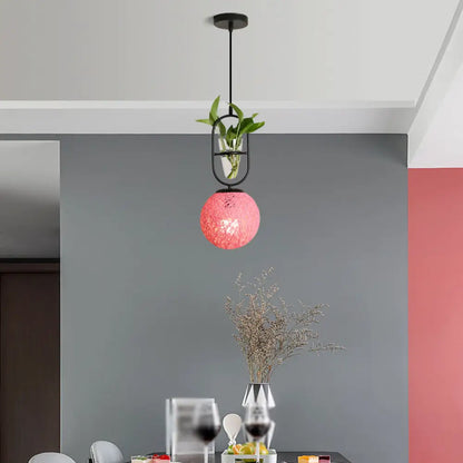 Macaron Rattan Globe Pendant Light with Plant Pot - Beige/Red/Pink