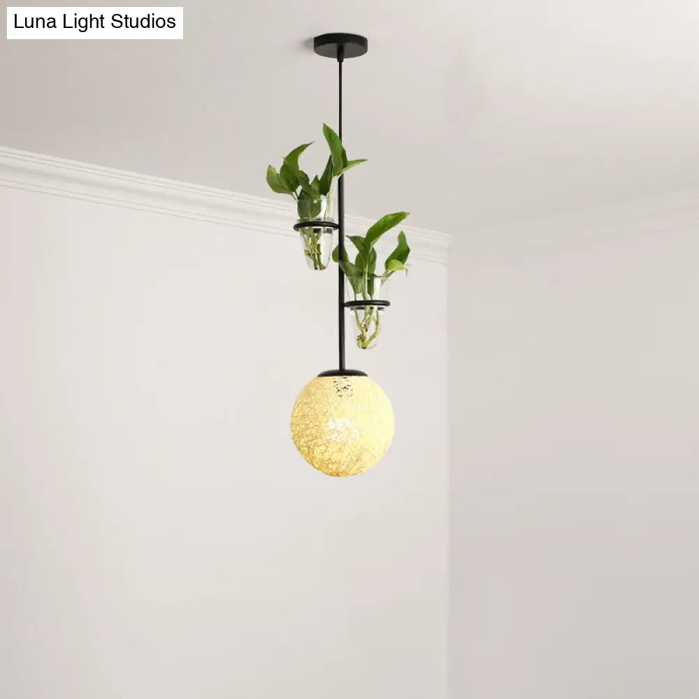 Macaron Rattan Globe Pendant Light with Plant Pot - Beige/Red/Pink