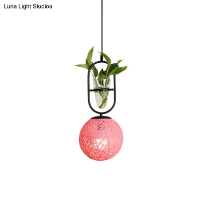 Macaron Rattan Globe Pendant Light with Plant Pot - Beige/Red/Pink