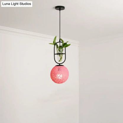 Macaron Rattan Globe Pendant Light with Plant Pot - Beige/Red/Pink