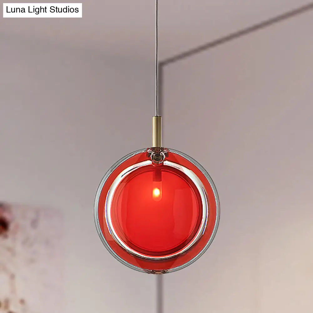 Macaron Red Glass Hanging Lamp: Sleek Round Pendant for Bedroom, includes 1 Light - Easy Installation