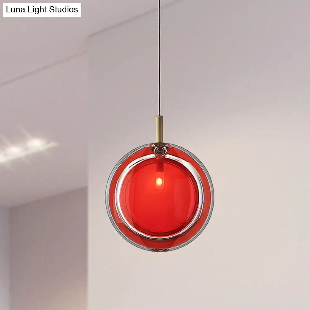 Macaron Red Glass Hanging Lamp: Sleek Round Pendant for Bedroom, includes 1 Light - Easy Installation