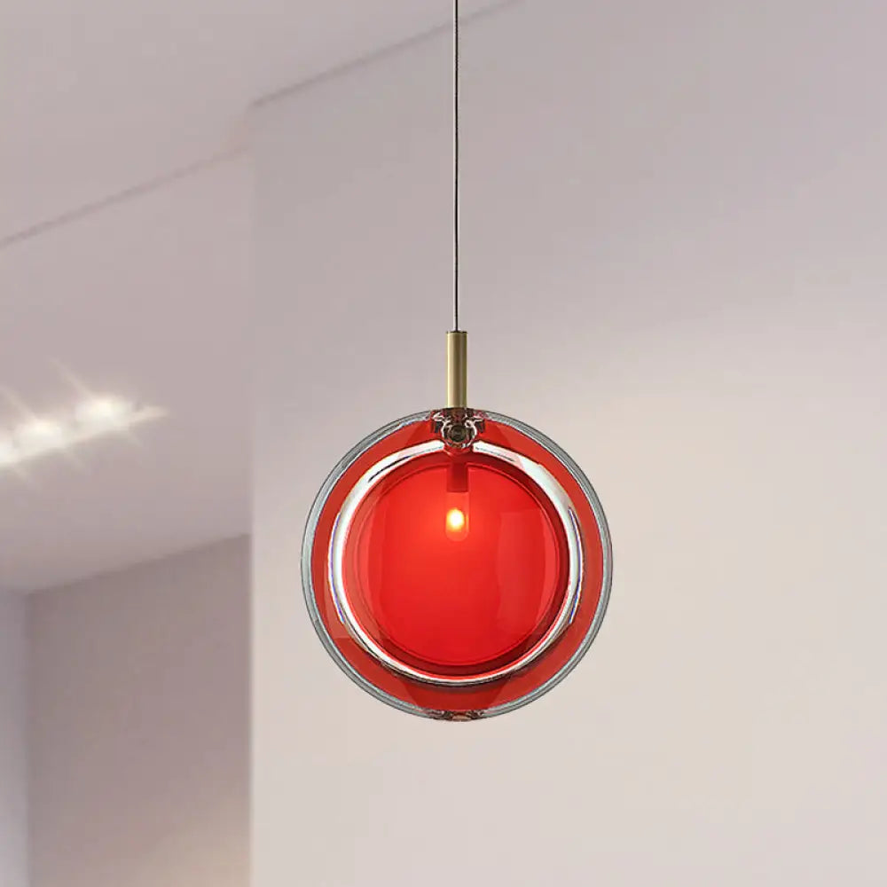 Macaron Red Glass Hanging Lamp: Sleek Round Pendant for Bedroom, includes 1 Light - Easy Installation