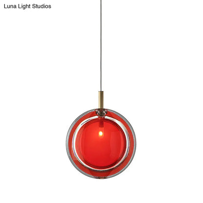 Macaron Red Glass Hanging Lamp: Sleek Round Pendant for Bedroom, includes 1 Light - Easy Installation