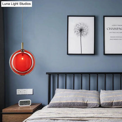 Macaron Red Glass Hanging Lamp: Sleek Round Pendant for Bedroom, includes 1 Light - Easy Installation