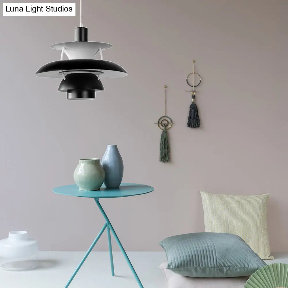 Macaron Style Aluminum Pendant Light with Flared Shade - 3 Layers, 1 Light, Black/Gray, 12"/16" Wide