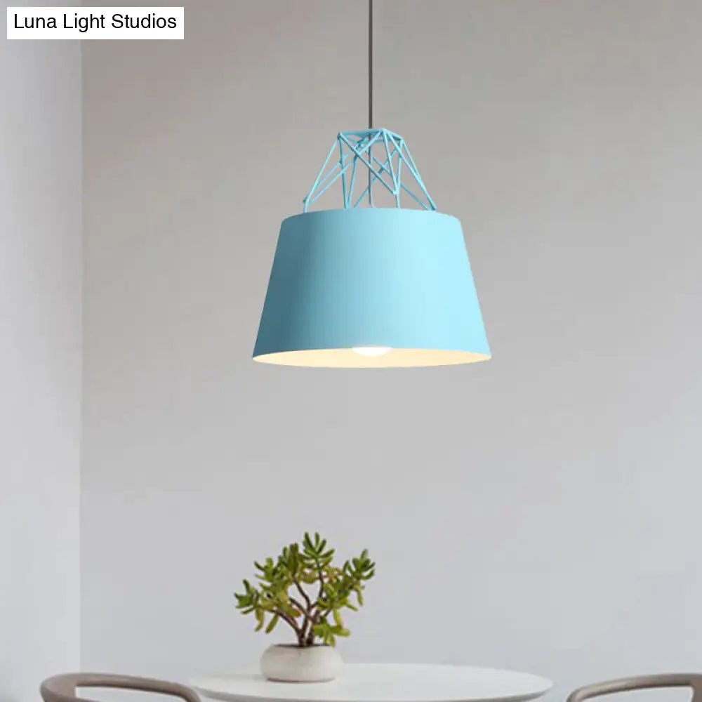 Macaron Style Cage Pendant Light with Metallic Bucket Shade for Restaurants - 1 Head Hanging Lamp