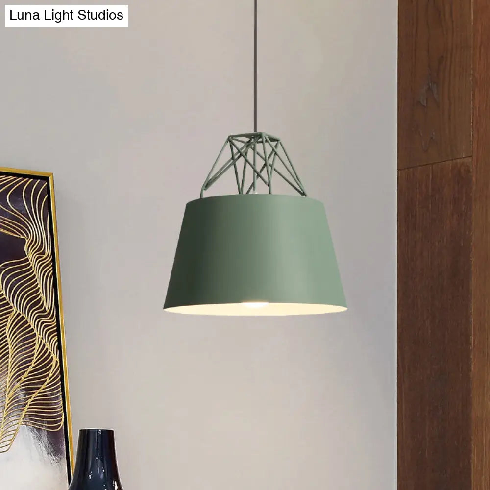 Macaron Style Cage Pendant Light with Metallic Bucket Shade for Restaurants - 1 Head Hanging Lamp