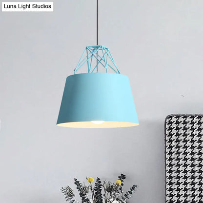 Macaron Style Cage Pendant Light with Metallic Bucket Shade for Restaurants - 1 Head Hanging Lamp