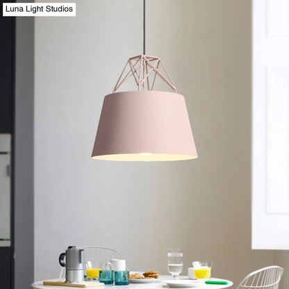 Macaron Style Cage Pendant Light with Metallic Bucket Shade for Restaurants - 1 Head Hanging Lamp