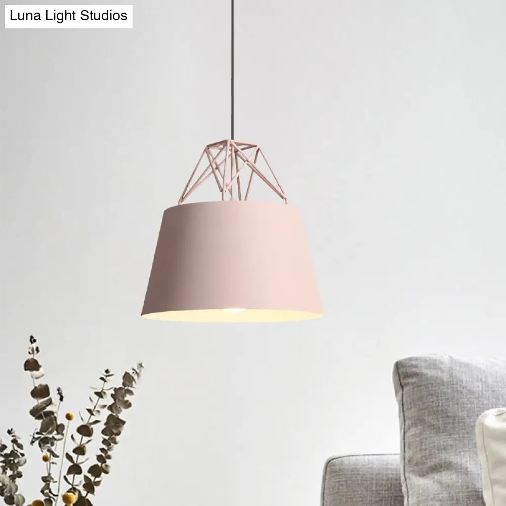 Macaron Style Cage Pendant Light with Metallic Bucket Shade for Restaurants - 1 Head Hanging Lamp