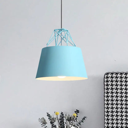 Macaron Style Cage Pendant Light with Metallic Bucket Shade for Restaurants - 1 Head Hanging Lamp