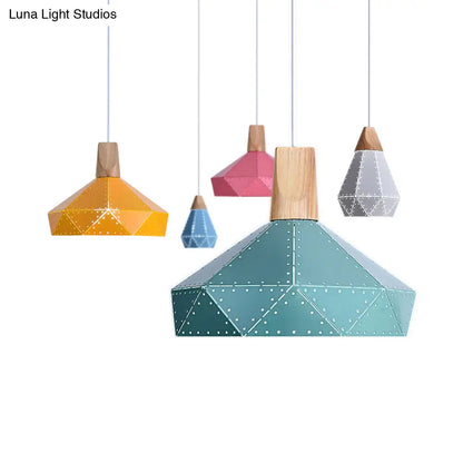 Macaron-style Diamond Ceiling Light with Metal & Wood - Blue/Green/Pink/Yellow Pendant Lighting for Restaurants