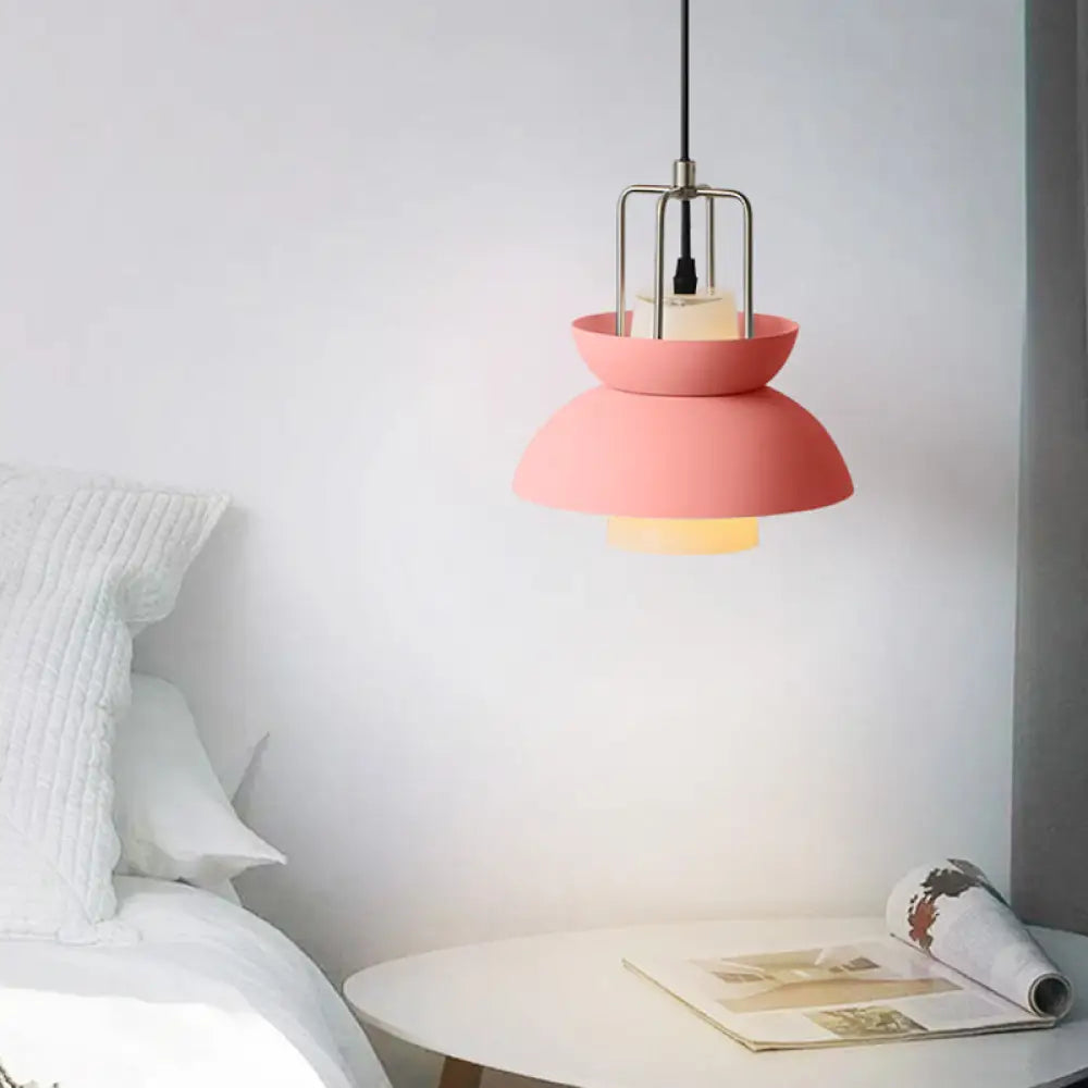 Macaron Style Metallic Ceiling Light for Bedroom with Gray/Pink Bowl Shade