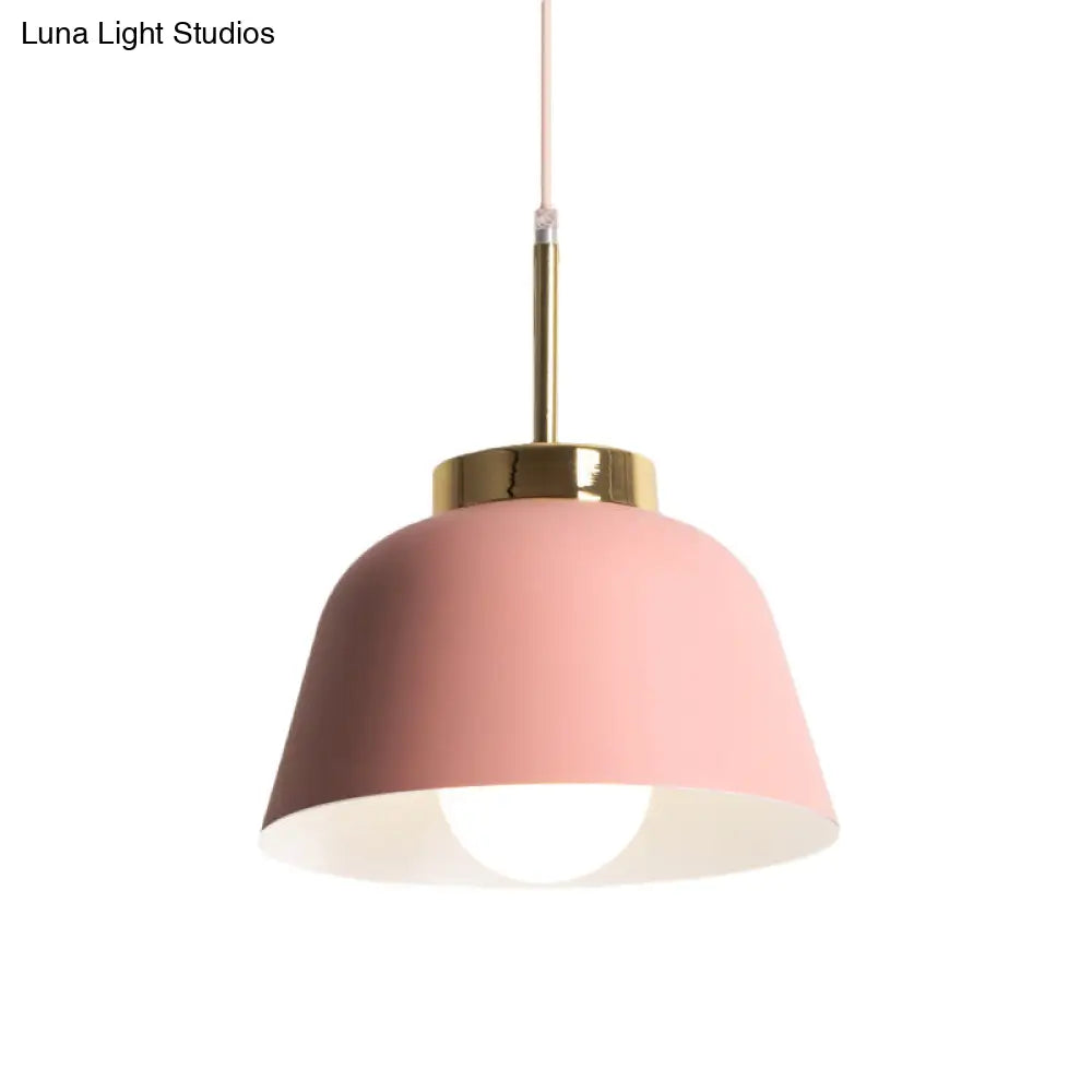 Macaron Style Pink Pendant Ceiling Lamp with Iron Bowl Shade - 1-Light Dining Room Hanging Fixture