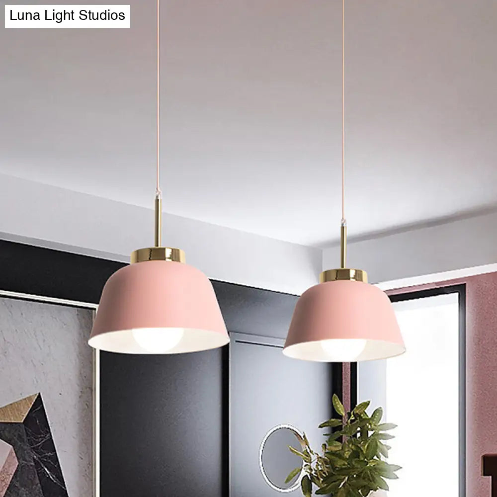 Macaron Style Pink Pendant Ceiling Lamp with Iron Bowl Shade - 1-Light Dining Room Hanging Fixture