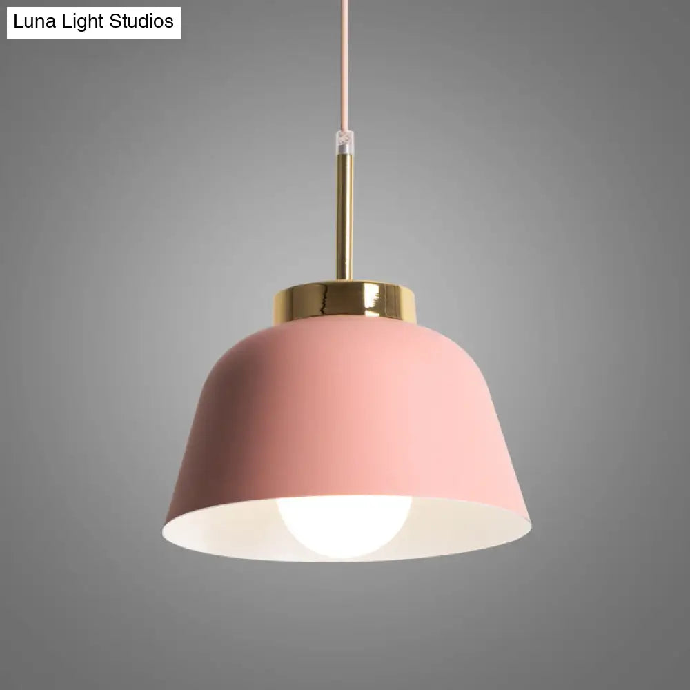 Macaron Style Pink Pendant Ceiling Lamp with Iron Bowl Shade - 1-Light Dining Room Hanging Fixture