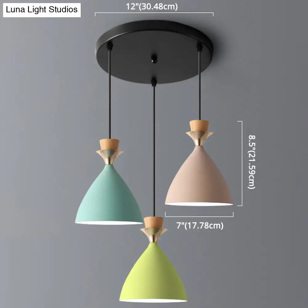 Macaroon 3-Light Cluster Pendant: Vibrant Green, Pink, and Yellow Cone Metal Shade Hanging Light with Adjustable 59" Wire