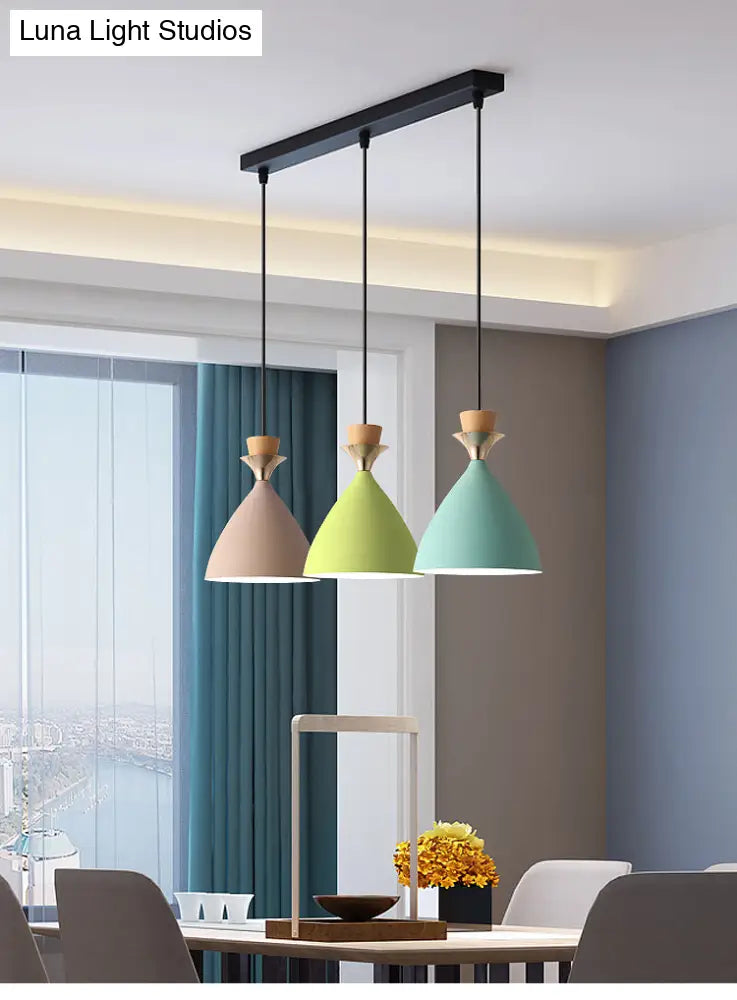 Macaroon 3-Light Cluster Pendant: Vibrant Green, Pink, and Yellow Cone Metal Shade Hanging Light with Adjustable 59" Wire