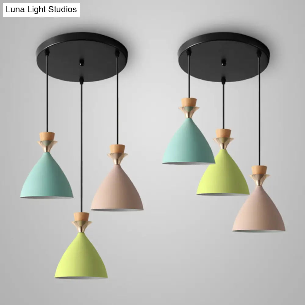 Macaroon 3-Light Cluster Pendant: Vibrant Green, Pink, and Yellow Cone Metal Shade Hanging Light with Adjustable 59" Wire