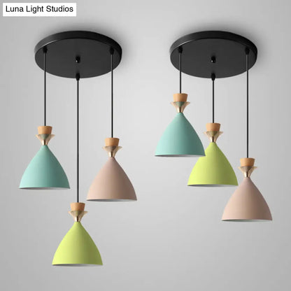 Macaroon 3-Light Cluster Pendant: Vibrant Green, Pink, and Yellow Cone Metal Shade Hanging Light with Adjustable 59" Wire