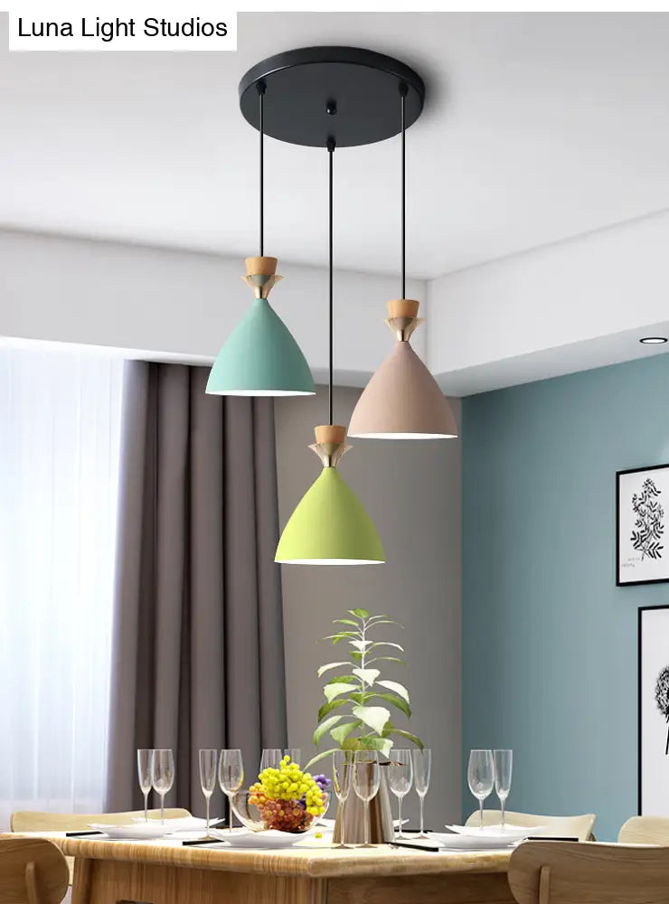 Macaroon 3-Light Cluster Pendant: Vibrant Green, Pink, and Yellow Cone Metal Shade Hanging Light with Adjustable 59" Wire